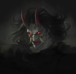 Rule 34 | 1boy, black hair, colored sclera, colored skin, fangs, floating, floating hair, glowing, glowing eyes, grey hair, grey sclera, grey skin, horns, long hair, male focus, multicolored hair, nat the lich, oni, oni horns, open mouth, original, painterly, pointy ears, red eyes, red horns, slit pupils, solo, streaked hair, teeth, torn, torn clothes, tusks