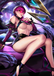 Rule 34 | 1girl, bare legs, bare shoulders, black choker, black footwear, black skirt, breasts, choker, cian yo, claws, clothes lift, crop top, detached sleeves, earrings, evelynn (league of legends), feather-trimmed sleeves, feather trim, glasses, hair over shoulder, halterneck, high heels, jewelry, k/da (league of legends), k/da evelynn, league of legends, long hair, looking over eyewear, looking over glasses, medium breasts, microphone, midriff, nail polish, nipples, no bra, parted lips, pince-nez, pink-tinted eyewear, pink-tinted glasses, purple hair, purple nails, pussy juice, shirt lift, sitting, skirt, solo, sunglasses, tinted eyewear, yellow eyes