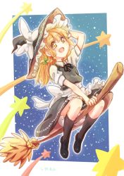Rule 34 | 1girl, :d, absurdres, apron, black socks, blonde hair, bloomers, blush, braid, broom, broom riding, daikabocha, dress, hat, highres, holding, holding clothes, holding hat, kirisame marisa, loafers, long hair, looking at viewer, open mouth, shoes, shooting star, side braid, single braid, smile, socks, solo, touhou, underwear, vest, waist apron, witch hat, yellow eyes