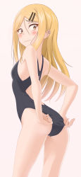 Rule 34 | 10s, 1girl, adjusting clothes, adjusting swimsuit, armpits, ass, back cutout, bare arms, bare shoulders, blonde hair, blush, breasts, brown eyes, clothing cutout, dagashi kashi, ear piercing, earrings, endou saya, eyelashes, from side, frown, hair between eyes, hair ornament, hairclip, highres, jewelry, leaning forward, long hair, looking at viewer, looking back, one-piece swimsuit, piercing, pink background, skin tight, small breasts, solo, standing, swept bangs, swimsuit, taka (takahirokun), tsurime, very long hair, wavy mouth