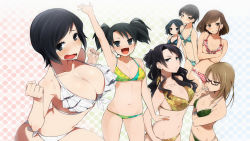 Rule 34 | ..., 6+girls, :d, agemono, aqua bikini, bikini, black eyes, black hair, blush, breast envy, breast hold, breasts, brown hair, camouflage, cigarette, cleavage, earrings, fang, flat chest, floral print, frilled bikini, frills, glasses, grey eyes, heart, highres, jewelry, large breasts, mole, multicolored bikini, multicolored clothes, multiple girls, navel, open mouth, polka dot, polka dot background, polka dot bikini, polka dot swimsuit, ponytail, print bikini, short hair, short twintails, side-tie bikini bottom, smile, star (symbol), star print, sweatdrop, swimsuit, tears, twintails, waving, wavy mouth