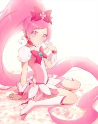 Rule 34 | 1girl, absurdly long hair, aizawa zawapo, blush, boots, bow, bowtie, brooch, choker, cure blossom, earrings, floating hair, full body, hair bow, heart, heart brooch, heartcatch precure!, high heel boots, high heels, high ponytail, highres, jewelry, knee boots, layered skirt, long hair, looking at viewer, miniskirt, parted bangs, pink choker, pink eyes, pink hair, pink skirt, pink theme, precure, red bow, red bowtie, short sleeves, sitting, skirt, solo, two-tone skirt, very long hair, wariza, white footwear, white skirt, white sleeves
