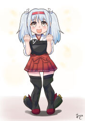 Rule 34 | 1girl, aged down, akashieru, alternate hairstyle, black thighhighs, blue hair, brown eyes, clenched hands, full body, hairband, highres, japanese clothes, kantai collection, knees together feet apart, light blue hair, long hair, muneate, one-hour drawing challenge, pleated skirt, red hairband, red skirt, shoukaku (kancolle), skirt, smile, solo, thighhighs, twintails