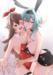 Rule 34 | 2girls, amber (genshin impact), animal ears, asymmetrical docking, backless leotard, bare shoulders, black choker, black hairband, black leotard, blue hair, blue nails, breast press, breasts, brown hair, choker, collarbone, covered navel, cowboy shot, crossed bangs, detached collar, eula (genshin impact), genshin impact, gradient background, hair between eyes, hairband, highres, hug, large breasts, leotard, long hair, looking at another, looking to the side, medium breasts, medium hair, mofumoffua, multiple girls, one eye closed, open mouth, outstretched arms, parted lips, rabbit ears, red eyes, red leotard, sidelocks, strapless, strapless leotard, teeth, thigh strap, twitter username, upper teeth only, wrist cuffs, yuri