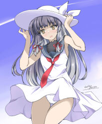 Rule 34 | 1girl, adapted costume, alternate costume, blue sailor collar, blue sky, cloud, contrail, day, dress, gakky, grey hair, hair ribbon, hat, highres, holding, holding clothes, holding hat, kantai collection, long hair, looking at viewer, murakumo (kancolle), neckerchief, orange eyes, outdoors, panties, red neckerchief, ribbon, sailor collar, sailor dress, sidelocks, sky, sleeveless, sleeveless dress, solo, thigh gap, tress ribbon, underwear, white dress, white hat, white panties