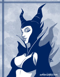 Rule 34 | 10s, 1girl, 2012, bra, breasts, commentary, disney, eyelashes, fake horns, horned headwear, horns, large breasts, looking at viewer, maleficent, monochrome, pablocomics, parted lips, signature, sleeping beauty, smile, solo, underwear, watermark, web address