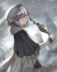 Rule 34 | 1girl, absurdres, aito, closed mouth, fate/grand order, fate (series), files, fur trim, gray (fate), green eyes, grey hair, highres, hood, hood up, looking at viewer, lord el-melloi ii case files, short hair, solo, weapon