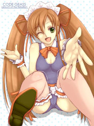 Rule 34 | 00s, 1girl, breasts, cameltoe, code geass, covered erect nipples, frilled thighhighs, frills, green eyes, high heels, kannagi kaname, medium breasts, one-piece swimsuit, one eye closed, orange hair, school swimsuit, shirley fenette, shoes, solo, swimsuit, thighhighs, twintails, wink