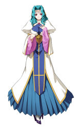 Rule 34 | 1girl, aqua hair, breasts, brooch, circlet, cleavage, dress, frilled dress, frills, full body, gown, high heels, himekishi olivia, jewelry, large breasts, official art, puffy sleeves, purple eyes, relena marshall, shoes, short hair, shoulder pads, smile, solo, white background