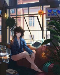 Rule 34 | 1girl, ahoge, akame (akamiru), aura, bare legs, barefoot, black-framed eyewear, black hair, blue jacket, blurry, book, book stack, bug, building, butterfly, city, closed mouth, couch, curly hair, day, denim, denim jacket, depth of field, expressionless, unworn eyewear, fairy, fairy wings, fantasy, floating, floating object, full body, glasses, glowing, holographic interface, indoors, bug, jacket, levitation, light, light bulb, long sleeves, looking at viewer, looking to the side, messy hair, no pants, on couch, open book, open window, original, panties, plant, potted plant, shirt, sitting, solo, sunlight, underwear, white panties, white shirt, window, wings