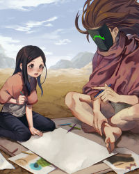 Rule 34 | 1boy, 1girl, ^ ^, bad id, bad pixiv id, barefoot, black hair, blouse, brown hair, buddy (lisa), cape, capelet, child, child&#039;s drawing, closed eyes, colored pencil, day, drawing, closed eyes, feet, garth (lisa), grey shirt, highres, indian style, lisa (series), lisa the painful, long hair, mask, mountain, open mouth, outdoors, paper, pencil, pink capelet, shirt, shousan (hno3syo), sidelocks, sitting, toes, white briefs
