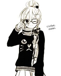 Rule 34 | 1girl, anzu (o6v6o), glasses, gumi, hair between eyes, hair bun, looking at viewer, monochrome, one eye closed, simple background, single hair bun, smile, solo, translation request, vocaloid, white background, wink