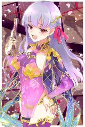 Rule 34 | 1girl, armlet, armor, bare shoulders, bikini armor, blush, bracelet, breasts, circlet, collar, detached sleeves, dress, earrings, fate/grand order, fate (series), floral print, folding fan, hair ribbon, hand fan, highres, jewelry, kama (fate), kama (second ascension) (fate), large breasts, long hair, looking at viewer, metal collar, open mouth, pelvic curtain, purple dress, purple sleeves, purple thighhighs, red eyes, ribbon, ring, smile, solo, tekuteku aruko, thighhighs, thighlet, thighs, white hair