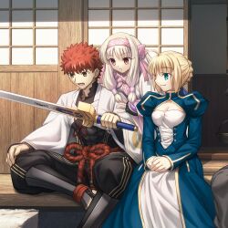 Rule 34 | 1boy, 1girl, 2girls, ahoge, ainu clothes, architecture, artoria pendragon (all), artoria pendragon (fate), blonde hair, blush, bow, braid, breasts, covered abs, dress, east asian architecture, emiya shirou, excalibur (fate/stay night), fate/grand order, fate/stay night, fate (series), fingerless gloves, gloves, green eyes, hair bow, hair ribbon, hairband, holding, holding sword, holding weapon, igote, illyasviel von einzbern, japanese clothes, leg warmers, long hair, long sleeves, medium breasts, multiple girls, nagatekkou, open mouth, orange hair, outdoors, pink hairband, purple bow, purple gloves, purple hairband, purple scarf, red eyes, red hair, ribbon, rope, saber (fate), scarf, senji muramasa (fate), senji muramasa (second ascension) (fate), shimenawa, shoori (migiha), short hair, sitonai (fate), smile, sword, very long hair, weapon, white hair, wide sleeves, yellow eyes