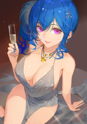 Rule 34 | 1girl, alcohol, azur lane, bare arms, bare shoulders, blue hair, blue nails, breasts, champagne, champagne flute, cleavage, collarbone, commentary, cup, dress, drinking glass, english commentary, evening gown, fingernails, from above, glint, grey dress, hair ornament, holding, holding cup, jewelry, large breasts, long fingernails, long hair, looking at viewer, looking up, nail polish, necklace, o-ring, o-ring dress, parted lips, pelvic curtain, plunging neckline, purple eyes, side ponytail, sidelocks, sitting, sleeveless, sleeveless dress, smile, solo, songjikyo, st. louis (azur lane), st. louis (luxurious wheels) (azur lane), thighs