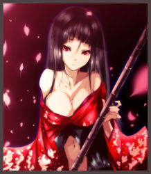 Rule 34 | 1girl, bad id, bad pixiv id, black hair, breasts, cherry blossoms, cleavage, copyright request, huge breasts, japanese clothes, kimono, large breasts, long hair, navel, red eyes, red kimono, solo, staff, viola (seed)