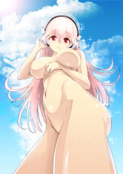 Rule 34 | 1girl, blue sky, breasts, closed mouth, cloud, day, from below, green322, headphones, highres, large breasts, long hair, looking at viewer, navel, nipples, nitroplus, nude, pink eyes, pink hair, sky, solo, sparkle, sun, super sonico