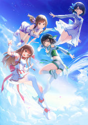 Rule 34 | 4girls, :d, above clouds, ankle boots, armpits, asymmetrical legwear, bird, black hair, blue bow, blue eyes, blue hair, blue sky, blush, boots, bow, braid, breasts, brown eyes, brown hair, character request, cleavage, cleavage cutout, closed mouth, clothing cutout, cloud, day, dress, enogu, flock, flying, fold-over boots, from behind, green eyes, hair bow, hair over one eye, highres, iwamotochou geinousha, kagawa ichigo, kneehighs, long sleeves, looking at viewer, multiple girls, neck ribbon, official art, one eye covered, open mouth, outdoors, red ribbon, ribbon, short shorts, shorts, shoulder cutout, side braid, single kneehigh, single sock, single thighhigh, sky, smile, socks, thighhighs, uneven legwear, v, virtual youtuber, white dress, white legwear, white shorts, wristband