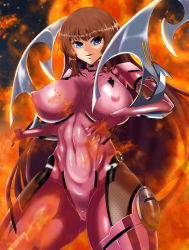 Rule 34 | 1girl, absurdres, action taimanin, breasts, brown hair, fire, highres, koukawa asuka, large breasts, long hair, no1218, taimanin (series), taimanin asagi, taimanin rpgx, very long hair, weapon, wide hips
