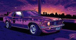 Rule 34 | animated, animated gif, artist name, car, commentary, english commentary, ford, ford mustang, ford mustang (1st generation), from side, lowres, motor vehicle, necrocamo, no humans, original, pixel art, purple theme, reflection, skyline, sunset, vehicle focus