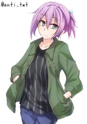 Rule 34 | 10s, 1girl, alternate costume, anti (untea9), aqua eyes, bags under eyes, black shirt, collarbone, contemporary, cowboy shot, denim, hair ornament, hands in pockets, jacket, jeans, kantai collection, light frown, pants, pink hair, ponytail, shiranui (kancolle), shirt, simple background, solo, striped clothes, striped shirt, twitter username, vertical-striped clothes, vertical-striped shirt, white background