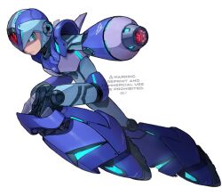 Rule 34 | 1boy, adapted costume, android, arm cannon, armor, blue armor, blue footwear, blue headwear, boots, forehead jewel, glowing, green eyes, helmet, highres, mega man (series), mega man x (series), neon trim, shoulder armor, simple background, solo, tanaka (is2 p), thrusters, watermark, weapon, white background, x (mega man)