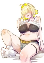Rule 34 | 1girl, ahoge, arm support, black sports bra, blonde hair, breasts, breasts apart, clothes lift, collarbone, covered erect nipples, elegg (nikke), ex-mist, fang, foot out of frame, goddess of victory: nikke, grey shorts, hair intakes, hair over eyes, head tilt, large breasts, medium hair, muffin top, multicolored hair, navel, open mouth, plump, shorts, simple background, sitting, socks, solo, sports bra, thick thighs, thigh strap, thighs, two-tone hair, white background, white socks