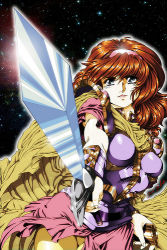 Rule 34 | 1girl, alis, breasts, brown hair, brown panties, cape, cowboy shot, dress, glint, hairband, holding, holding sword, holding weapon, light rays, looking afar, lowres, panties, phantasy star, phantasy star i, pink skirt, purple dress, sega, sheath, skin tight, skirt, solo, space, star (sky), sunlight, sword, underwear, unsheathed, weapon