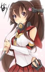 Rule 34 | 10s, 1girl, anchor, armband, artist name, breasts, brown eyes, brown hair, cherry blossoms, hair between eyes, headgear, highres, kantai collection, large breasts, long hair, ponytail, smile, solo, toki/, very long hair, white background, yamato (kancolle)