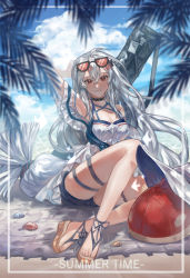 Rule 34 | 1girl, absurdres, arknights, arm up, armpits, bare legs, bare shoulders, blue sky, breasts, cleavage, cloud, commentary, day, eyewear on head, goi., hair between eyes, head tilt, highres, long hair, looking at viewer, low-tied long hair, medium breasts, official alternate costume, outdoors, parted lips, red eyes, sandals, silver hair, sitting, skadi (arknights), skadi (waverider) (arknights), sky, solo, sunglasses, thigh strap, thighs, very long hair