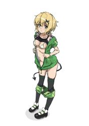 Rule 34 | 1girl, akatsuki kirika, bikini, black footwear, black thighhighs, blonde hair, breasts, closed mouth, clothes lift, clothes pull, commentary request, demon tail, fake tail, fujikawa daichi, green eyes, green shorts, hair ornament, hood, hood down, hoodie, jacket, light smile, medium breasts, micro shorts, navel, open clothes, open jacket, opened by self, ribs, senki zesshou symphogear, shadow, shirt lift, shoes, short hair, shorts, shorts pull, simple background, solo, string bikini, swimsuit, tail, tank top, thighhighs, undressing, unzipped, white background, white bikini, x hair ornament