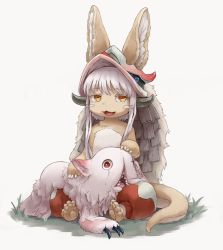 Rule 34 | 10s, 1girl, :3, :d, animal ears, barefoot, brown eyes, claws, colored eyelashes, creature, ears through headwear, fangs, full body, furry, grass, hat, headpat, horns, kumama, looking at viewer, lying, made in abyss, mitty (made in abyss), nanachi (made in abyss), on stomach, open mouth, pants, red eyes, short hair with long locks, sitting, smile, tail, whiskers, white background, white hair