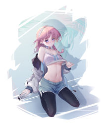Rule 34 | 1girl, absurdres, arknights, bare shoulders, black pants, blue poison (arknights), blue poison (shoal beat) (arknights), blue shorts, braid, breasts, camisole, chinese commentary, commentary request, crop top, drop shadow, earrings, grey jacket, hairband, highres, jacket, jewelry, leggings, long hair, long sleeves, looking at viewer, midriff, navel, off shoulder, official alternate costume, pants, pink hair, purple eyes, qinshi-ji, short shorts, shorts, small breasts, solo, spaghetti strap, sports bra, stomach