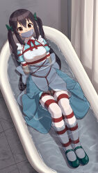 Rule 34 | 1girl, absurdres, apron, arms behind back, bathtub, bdsm, blue dress, bondage, bound, bound ankles, bound arms, bound legs, bound wrists, bow, brown eyes, brown hair, crotch rope, dress, gag, gagged, green bow, green footwear, highres, improvised gag, k-on!, long hair, looking at viewer, maid, maid apron, mary janes, nakano azusa, partially submerged, red rope, restrained, rope, shibari, shoes, solo, tape, tape gag, tearing up, thighhighs, twintails, white bow, white thighhighs, wo cao xiao