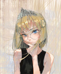 Rule 34 | 1girl, bad id, bad twitter id, black tank top, blonde hair, blue eyes, commentary, dino (dinoartforame), english commentary, floating hair, glasses, hair ornament, hand on own chin, head tilt, highres, hololive, hololive english, long hair, looking at viewer, portrait, round eyewear, solo, tank top, tiara, virtual youtuber, watson amelia, watson amelia (party dress)