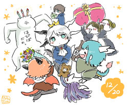 Rule 34 | 1other, 2girls, 4boys, alcohol, ascot, birthday, blue coat, blue eyes, blue hair, bouquet, centauroid, chibi, coat, commentary request, creature, dragon boy, dragon horns, dragon tail, dragon wings, flower, full body, gift, horns, hotathino, japanese clothes, kimono, long sleeves, looking at viewer, maid, monster boy, multiple boys, multiple girls, multiple horns, orange hair, original, short hair, simple background, tail, taur, white ascot, white background, white hair, wings