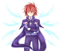Rule 34 | 00s, 1boy, belt, crossed arms, kratos aurion, male focus, red eyes, red hair, short hair, simple background, solo, spoilers, tales of (series), tales of symphonia, white background, wings