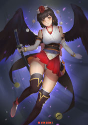Rule 34 | 1girl, :d, absurdres, alternate costume, artist name, bare shoulders, bell, bird wings, black hair, black thighhighs, black wings, blush, boots, bracelet, breasts, brown eyes, choker, elbow gloves, feathered wings, gloves, hat, highres, holding, holding sword, holding weapon, japanese clothes, jewelry, jingle bell, katana, knee boots, large breasts, looking at viewer, miniskirt, obi, open mouth, over-kneehighs, panties, pantyshot, pom pom (clothes), red skirt, sash, shameimaru aya, sheath, sheathed, short hair, skirt, smile, solo, standing, sunshine (1638509769), sword, thighhighs, tokin hat, touhou, underwear, weapon, white gloves, white panties, wings