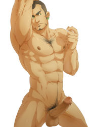 Rule 34 | 1boy, abs, armpits, bara, buzz cut, chest hair, completely nude, earrings, erection, facial hair, feet out of frame, frown, goatee, green eyes, jewelry, large pectorals, looking to the side, male focus, male pubic hair, mature male, muscular, muscular male, navel, navel hair, nipples, nude, original, pectorals, penis, precum, pubic hair, short hair, sideburns, solo, stomach, thick thighs, thighs, uncensored, very short hair, xiawenjie