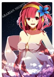 Rule 34 | 1girl, :d, blue flower, breasts, cleavage, etoranze, flower, hair flower, hair ornament, hairband, long hair, looking at viewer, magi the labyrinth of magic, medium breasts, midriff, morgiana, navel, open mouth, red eyes, red hair, sleeveless, smile, solo, standing, stomach, upper body, yellow hairband