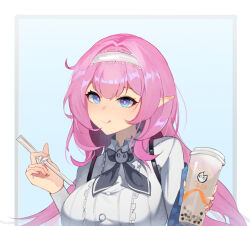 Rule 34 | 1girl, black bow, black bowtie, blue background, blue eyes, bow, bowtie, breasts, bubble tea, commentary request, cup, drinking straw, elf, elysia (coco) (honkai impact), elysia (honkai impact), elysia (miss pink elf) (honkai impact), hair between eyes, headband, highres, holding, holding cup, holding drinking straw, honkai (series), honkai impact 3rd, large breasts, long hair, looking at viewer, pink hair, pink pupils, pointy ears, shirt, smile, solo, tongue, tongue out, upper body, very long hair, white headband, white shirt, yuan zhen (user pnhx4422)