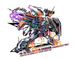 Rule 34 | absurdres, character name, commentary, commission, english commentary, firing, full armor gundam, gun, gundam, gundam thunderbolt, gylmyr, highres, holding, holding gun, holding shield, holding weapon, mecha, missile pod, mobile suit, no humans, robot, science fiction, shield, solo, v-fin, weapon, white background, yellow eyes