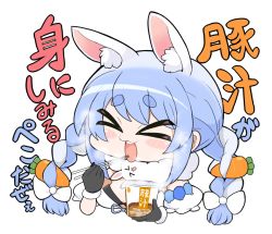 Rule 34 | &gt; &lt;, 1girl, :3, animal ear fluff, animal ears, black gloves, blue hair, bow, braid, breasts, carrot hair ornament, chopsticks, closed eyes, cup ramen, don-chan (usada pekora), food-themed hair ornament, fur-trimmed gloves, fur trim, gloves, hair bow, hair ornament, hololive, matarou (matarou072), multicolored hair, open mouth, rabbit ears, rabbit girl, small breasts, smile, solo, steam, thick eyebrows, translation request, transparent background, twin braids, two-tone hair, upper body, usada pekora, usada pekora (1st costume), virtual youtuber, white hair