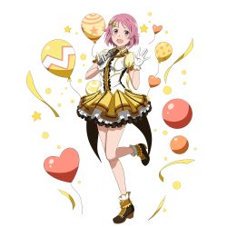 Rule 34 | 1girl, :d, balloon, bow, breasts, brown footwear, dress shirt, full body, gloves, hair bow, heart balloon, highres, holding, holding microphone, idol, layered skirt, lisbeth (sao), looking at viewer, medium breasts, microphone, miniskirt, open mouth, pink eyes, pink hair, shirt, short hair, short sleeves, skirt, smile, solo, standing, standing on one leg, sword art online, transparent background, white gloves, white shirt, yellow bow, yellow skirt, yellow sleeves