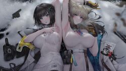 Rule 34 | 2girls, animal ear fluff, animal ears, arknights, arknights: endfield, arm up, armpits, belt, binggong asylum, black gloves, black hair, black jacket, blue eyes, blunt bangs, blurry, breasts, brown hair, chinese commentary, closed mouth, commentary request, covered navel, depth of field, dress, embarrassed, endministrator (arknights), female endministrator (arknights), gloves, gradient eyes, gradient hair, hair ornament, highres, jacket, large breasts, long hair, looking at viewer, lying, multicolored eyes, multicolored hair, multiple girls, on back, open mouth, perlica (arknights), presenting armpit, sleeveless, sleeveless dress, snow, spread armpit, two-tone gloves, unworn jacket, upper body, utility belt, white dress, white jacket, yellow gloves