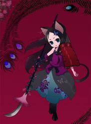 Rule 34 | 1girl, animal ears, armor, black hair, blue eyes, bug, butterfly, cat ears, cat tail, dress, flower, ichikawa, insect, jpeg artifacts, morning glory, original, red background, solo, tail, weapon