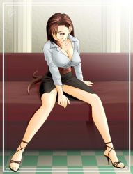Rule 34 | 1990s (style), 1girl, breasts, brown hair, cleavage, covered erect nipples, feet, final fantasy, final fantasy vii, high heels, large breasts, legs, long hair, long legs, lucky earth laboratory, no bra, one eye closed, open shoes, panties, pencil skirt, sandals, shoes, sitting, skirt, solo, spread legs, tatsunami youtoku, thighs, tifa lockhart, toes, underwear, upskirt, white panties