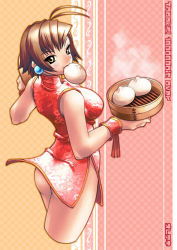 Rule 34 | 1girl, bamboo steamer, baozi, bare shoulders, brown eyes, brown hair, china dress, chinese clothes, cropped legs, dress, food, milestone celebration, looking back, mouth hold, nek, short hair, side slit, solo, waitress, wind, wind lift, yellow eyes