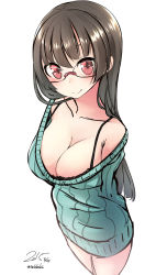 Rule 34 | 10s, 1girl, 2015, arms behind back, bad id, bad pixiv id, bare shoulders, black bra, bra, breasts, brown hair, casual, choukai (kancolle), cleavage, collarbone, dated, female focus, glasses, highres, kantai collection, large breasts, long hair, looking at viewer, nekobaka, pink eyes, simple background, smile, solo, sweater, twitter username, underwear, white background