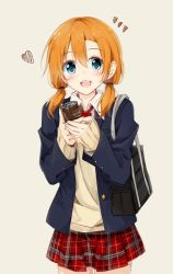 Rule 34 | 10s, 1girl, :d, alternate hairstyle, bad id, bad twitter id, bag, blue eyes, can, cowboy shot, heart, holding, holding can, kosaka honoka, long sleeves, looking at viewer, love live!, love live! school idol project, low twintails, open mouth, orange hair, plaid, plaid skirt, pleated skirt, red skirt, school bag, shiina kuro, shoulder bag, simple background, skirt, sleeves past wrists, smile, solo, standing, twintails, white background